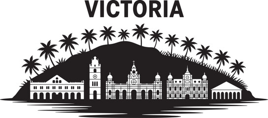 Obraz premium Victoria Seychelles Skyline Silhouette with Palm Trees and Coastal Buildings Vector