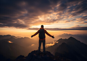 Hiker at sunrise on mountain summit with dramatic sky
