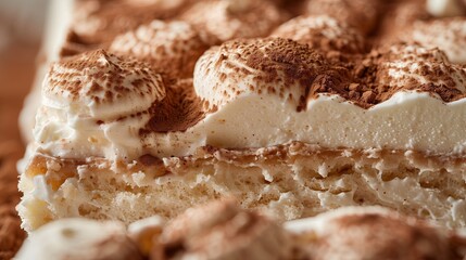 extreme close-up texture of a sliced tiramisu dessert