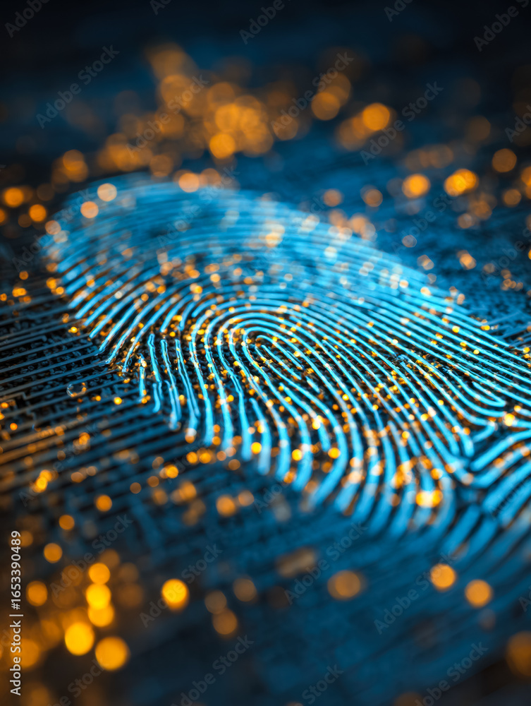 Poster illuminated digital fingerprint with glowing data points and intricate patterns