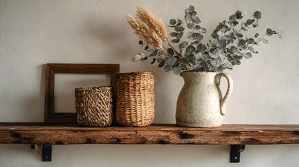 Natural decor arrangement on a wooden shelf with wall brackets