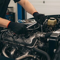 Mechanic expertly repairs vintage car engine with specialized tools