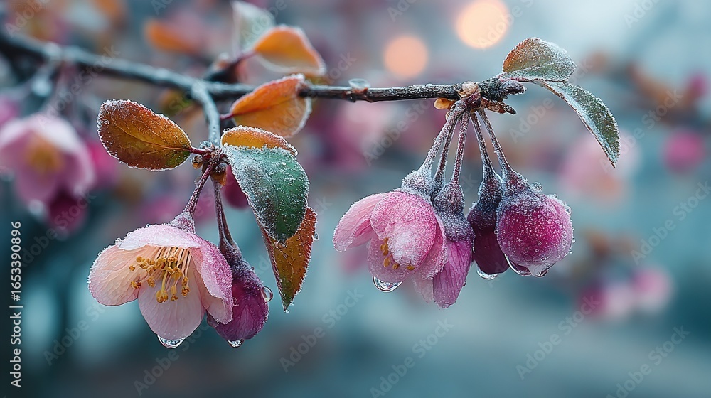 Aufkleber a sharp focus on a tree branch adorned with blooms, displaying water droplets on its foliage against