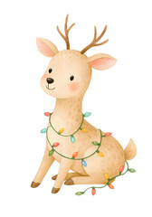 Naklejka premium Cute Christmas Reindeer Watercolor Clipart – Holiday Elk with Fairy Lights Illustration, Winter Decor