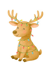 Fototapeta premium Cute Christmas Reindeer Watercolor Clipart – Holiday Elk with Fairy Lights Illustration, Winter Decor