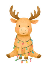 Fototapeta premium Cute Christmas Reindeer Watercolor Clipart – Holiday Elk with Fairy Lights Illustration, Winter Decor