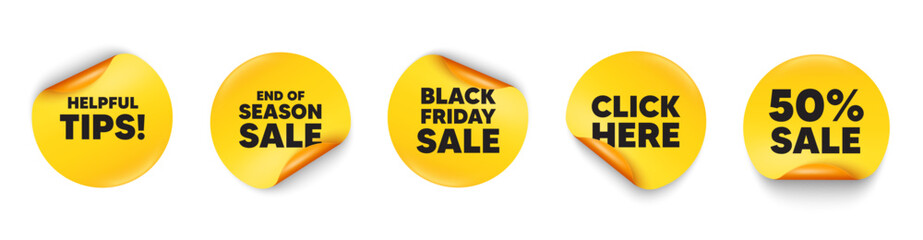 Helpful tips sticker tag. 50 percent discount, Black friday paper price banners. Helpful tips tag. Education faq sign. Help assistance symbol. Click here sticker. Vector