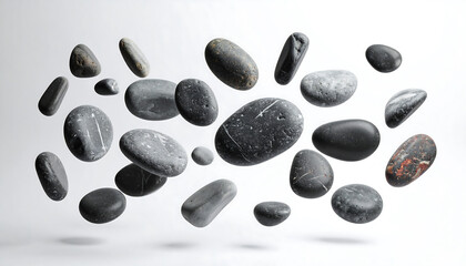Smooth grey and black river stones levitating against a bright white background; serene, minimalist, zen-like aesthetic.