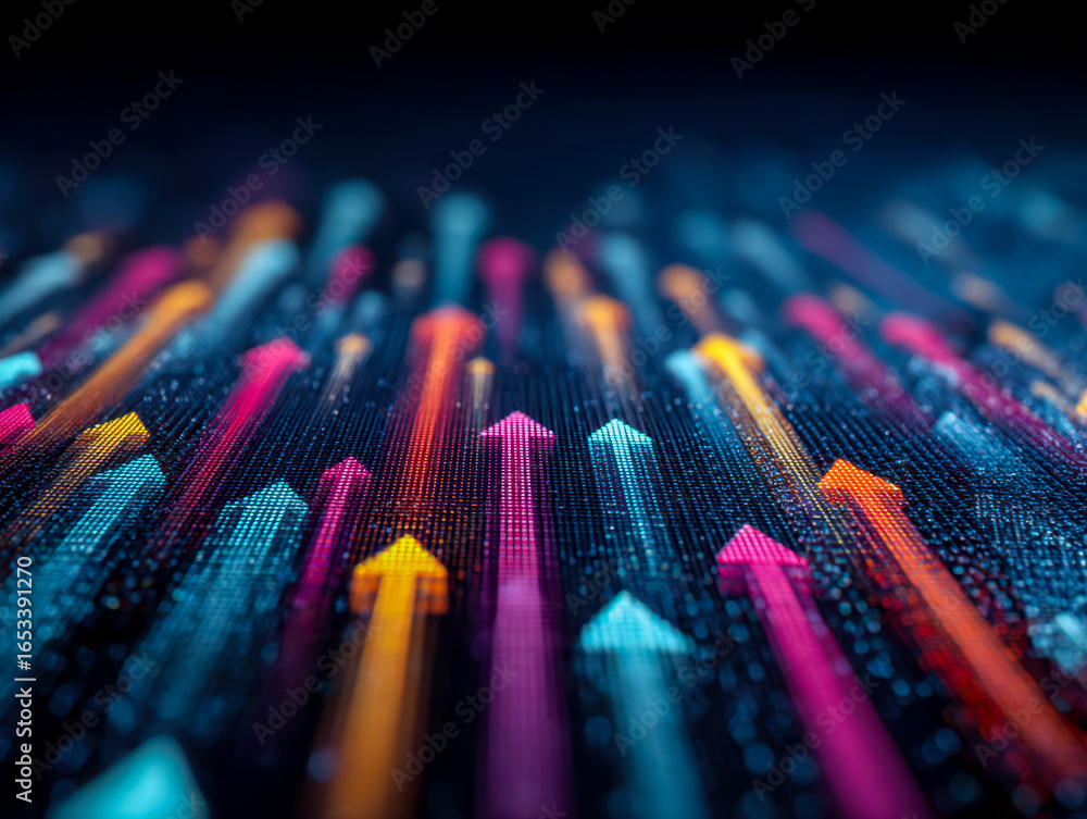 Poster vibrant digital arrows pointing upward on a futuristic data visualization background