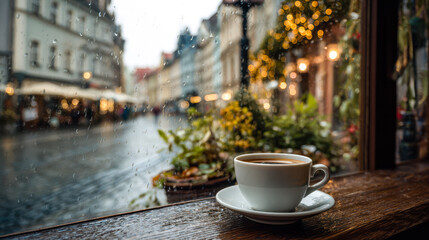 Cozy coffee shop scene with a warm beverage overlooking a rainy city street