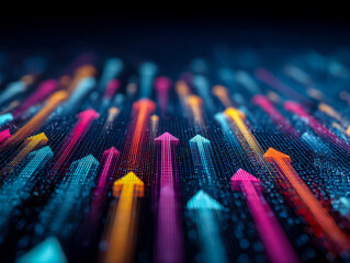 Vibrant digital arrows pointing upward on a futuristic data visualization background