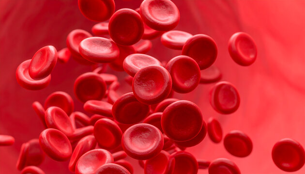 Microscopic 3D Render of Red Blood Cells Flowing, Vivid Red Hues, Dynamic Movement, Medical Science, Healthcare Concept, Bloodstream Illustration.