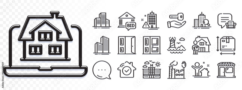 Poster house security, building warning and hotel line icons for web app. glare of light effect. message ic