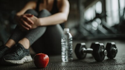 Red apple with water bottle and dumbbells in gym
