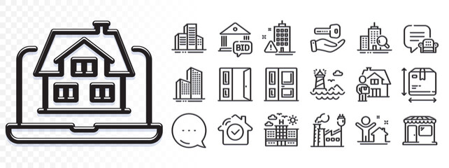 House security, Building warning and Hotel line icons for web app. Glare of light effect. Message icon. Pack of Skyscraper buildings, Bid offer, Open door pictogram icons. Vector
