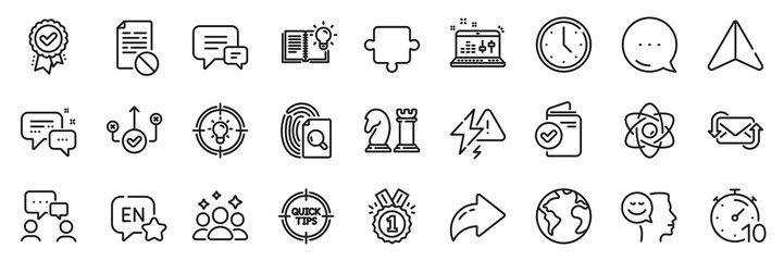 Fototapeta premium Idea, Inspect and Employees messenger line icons pack. Share, Message, Paper plane icons. Correct way, Sound check, Wrong file web icon. Lightning bolt, Refresh mail, Approved pictogram. Vector