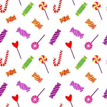 Sweet candy seamless pattern mixed with festive lollipops in hand drawn style. Cute swirl candy, pink candy and striped candy. Ideal for seasonal events like Halloween, Christmas and Easter.