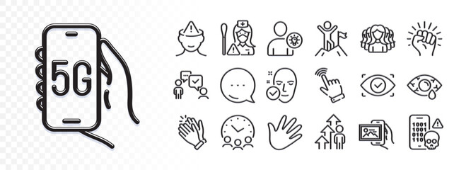 Meeting time, Conjunctivitis eye and Hand line icons for web app. Glare of light effect. Message icon. Pack of Employee result, Cursor, User idea pictogram icons. Vector