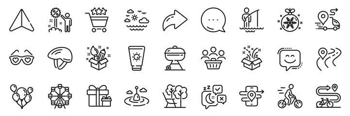 Love glasses, Ferris wheel and Surprise package line icons pack. Share, Message, Paper plane icons. Shopping rating, Fisherman, Smile face web icon. Buyers, Deckchair, Travel sea pictogram. Vector