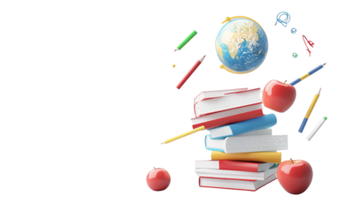 Creative 3D rendering of floating school objects such as books and chair symbolizing student study knowledge supplies and playful educational illustration design isolated on transparent background PNG
