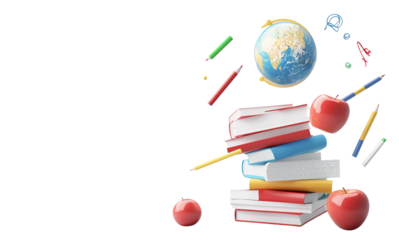 Creative 3D rendering of floating school objects such as books and chair symbolizing student study knowledge supplies and playful educational illustration design isolated on transparent background PNG