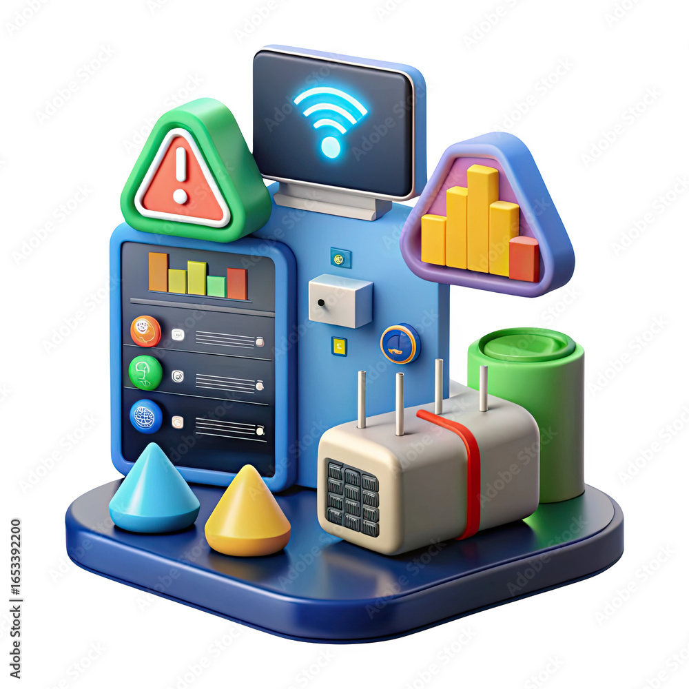Poster abstract 3d rendering of a futuristic technology system with warning signs and wifi symbol isolated 