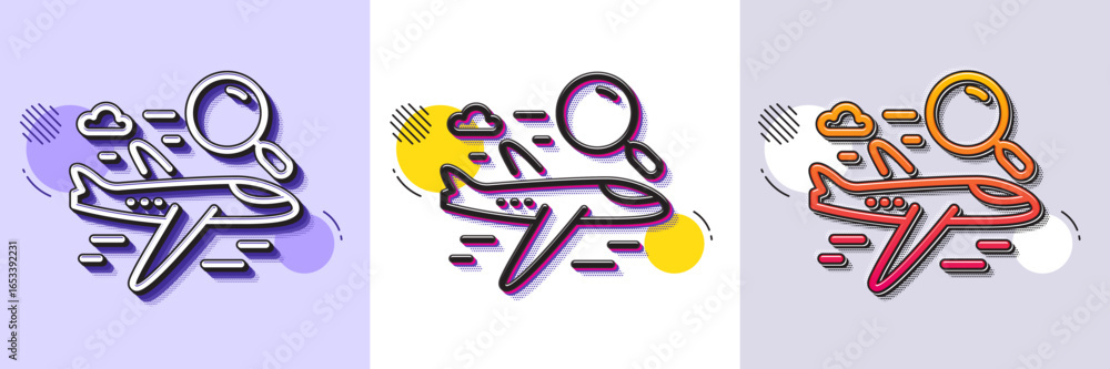 Poster search flight line icon. halftone dotted pattern. gradient icon with grain shadow. airplane with mag