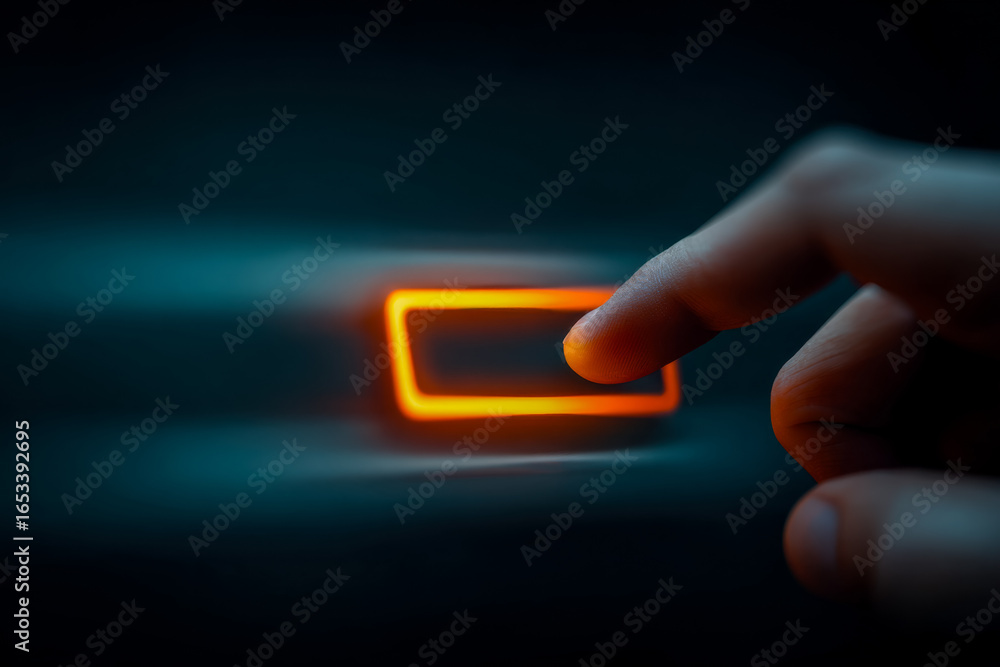 Poster person pressing a glowing rectangular button in a dark setting