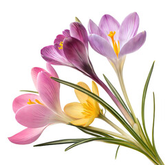 Fototapeta premium Colorful crocus flowers in various shades on a white background, copy space