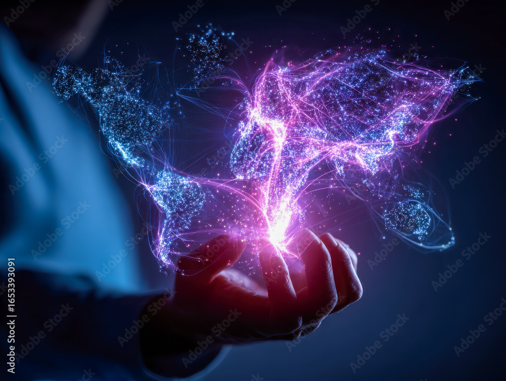 Poster digital visualization of global connectivity and data flow emerging from a hand