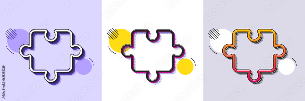 Poster puzzle piece line icon. halftone dotted pattern. gradient icon with grain shadow. jigsaw game shape 