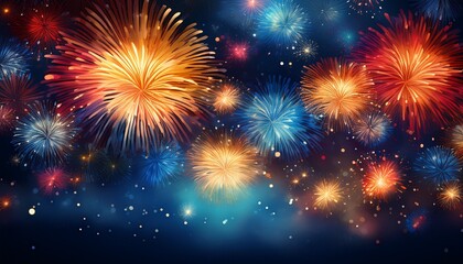 Naklejka premium vibrant fireworks display against a dark blue night sky sparkling with glittering particles