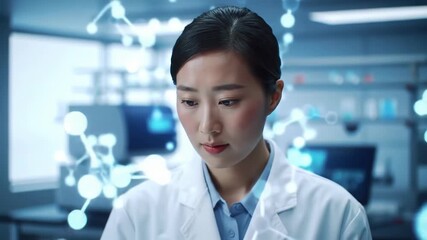 A scientist in a lab coat examines molecular structures on a digital screen in a modern laboratory. The environment is equipped with advanced technology and scientific tools - Powered by Adobe