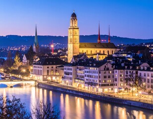 Obraz premium Panoramic view of a city at twilight, reflecting in the river