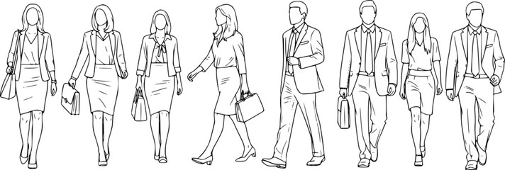Vector silhouettes of men and women, group of walking business people, profile, hand draw, linear sketch, black and white color, isolated on white background
