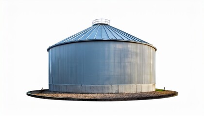 a large cylindrical industrial water tank with a domed roof made of metal and sitting on a concrete base isolated on a white background