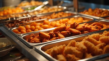 Buffet line with assorted fried foods and vegetables