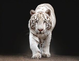 a majestic white tiger walking towards the viewer displaying its unique coloration and striking features against a plain background