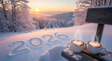 Romantic New Year's Eve celebration in nature: two cups of coffee in the shape of hearts against a snowy landscape at sunrise