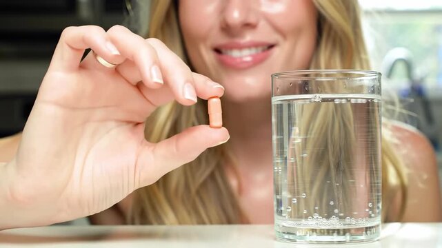 Woman Holding Pill Near Water Glass, Ready to Take Medication for Health