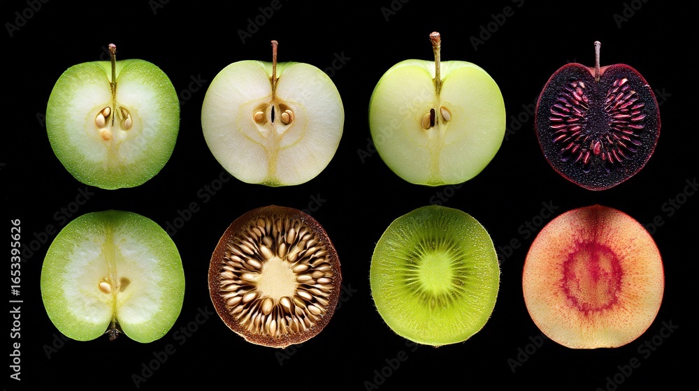 Poster a group of apples halved with a kiwi at center and center kiwi