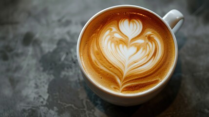 Highly detailed top-down texture of cappuccino with latte art in the shape of a heart, creamy milk foam