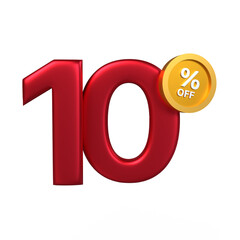 Discount 10 percent red metallic number, golden coin with percent sign and OFF, retail sale banner, promotion label, clearance shopping icon, special offer design isolated on white.