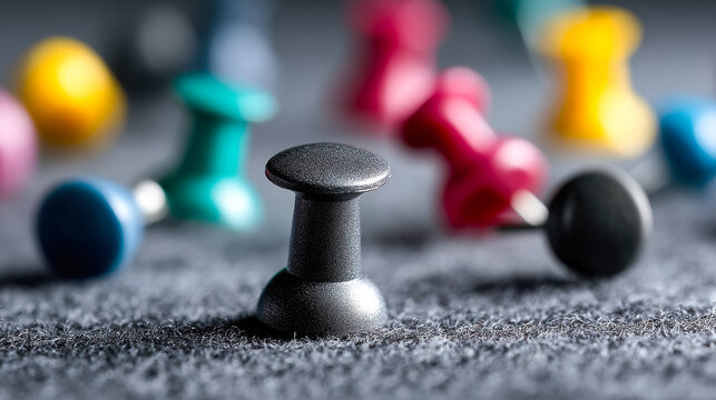 Colorful array of push pins scattered on a textured surface with a focus on a central black pin