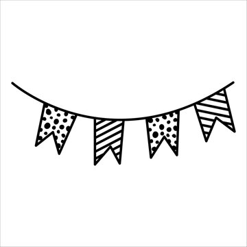 Decorative flag garland in doodle style for event decoration. Outline flag garland perfect for coloring page. Concept - create party atmosphere for halloween, birthday with festive flag garland art