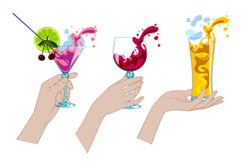 Set of female hands with transparent glasses with colorful various spilling drinks isolated on white. Vector illustration in flat style