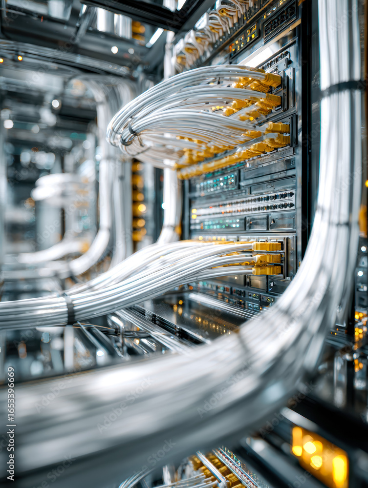 Poster high-speed data cables connecting to server racks in a data center