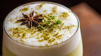   A close-up of a drink in a glass with a star anise garnish on top of it