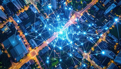 City Network Aerial View of Data Connection  Smart City at Night.