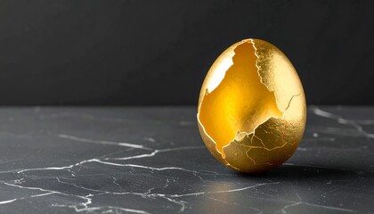 Golden egg cracked open on dark marble